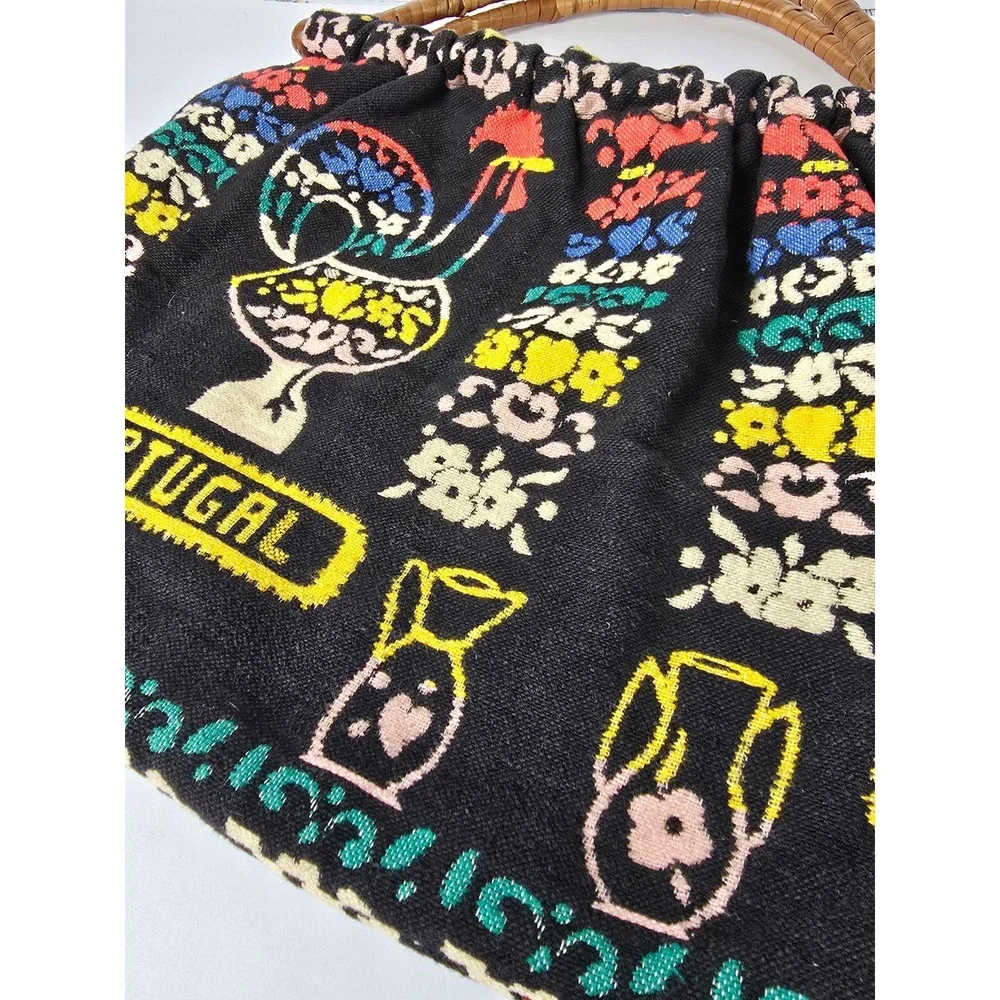 VINTAGE PORTUGAL HANDBAG WITH ROOSTERS, VASES & FLOWERS PATTERN